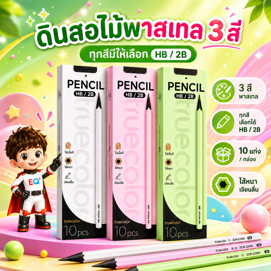 ดินสอไม้ HB/2B ไส้หนา 3.3mm เขียนลื่น เหลาง่าย ด้ามหกเหลี่ยม จับถนัด เซ็ต 10 แท่ง สีพาสเทล