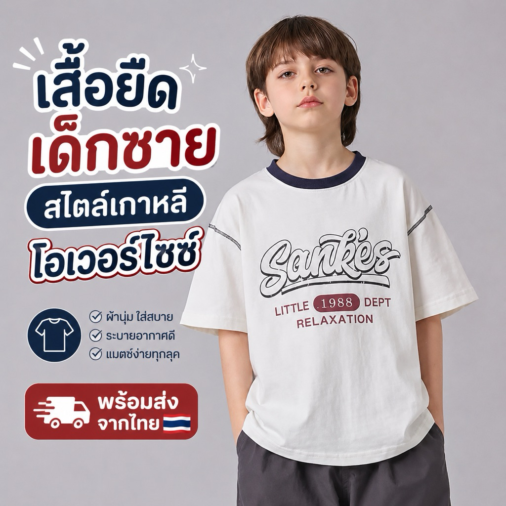 เสื้อยืดเด็กผู้ชาย แขนสั้น คอกลม ลายตัวอักษร ผ้านุ่ม สไตล์เกาหลี พร้อมส่ง