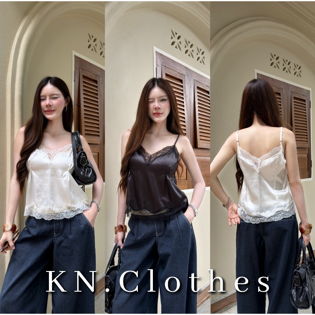Lacie cami เสื้อสายเดี่ยว ผ้าซาติน แต่งลูกไม้ เย็บจีบหน้าอก KN.Clothes