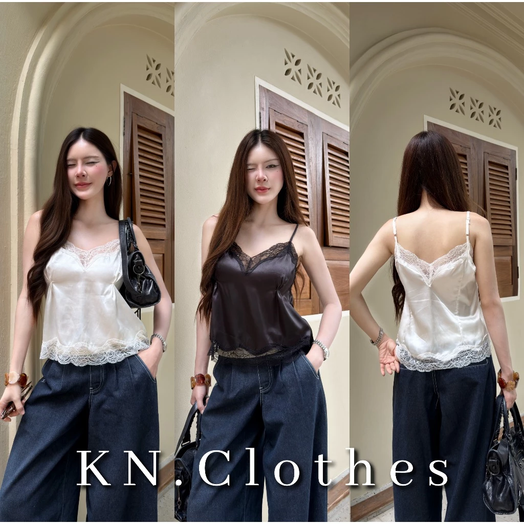 Lacie cami เสื้อสายเดี่ยว ผ้าซาติน แต่งลูกไม้ เย็บจีบหน้าอก KN.Clothes