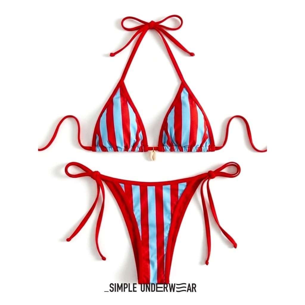 551 Simple Underwear bikini ชุดว่ายน้ำ บิกินี่ลายทางสีฟ้าแดง สีสดมาก