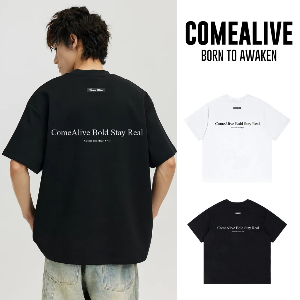 Come Alive สินค้าใหม่ เสื้อยืดผู้ชาย ทรงหลวม แขนห้าส่วน สไตล์อเมริกันวินเทจสตรีทแฟชั่น แฟชั่นทันสมัย เสื้อยืดสีขาว
