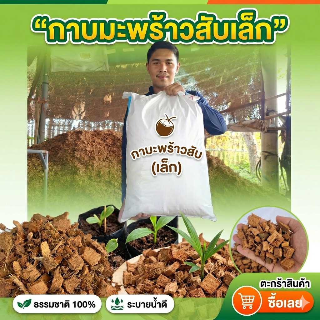 กาบมะพร้าวสับเล็ก อย่างดี ไม่ปนใย ร่อนคัดพิเศษ 5-8กิโลกรัม บรรจุกระสอบ 20กิโลกรัม ไซส์ 50*90ซม. พร้อมส่ง