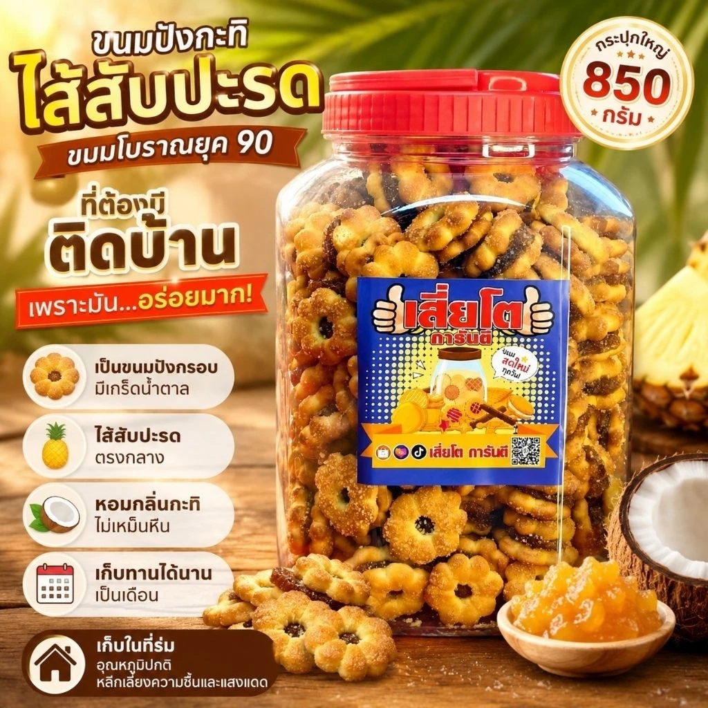 ขนมกระทิสับปะรด โหลใหญ่ 850กรัม ปังดอกไม้ไส้สัปปะรด