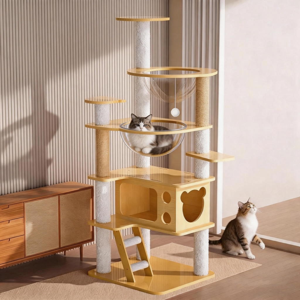L&Q คอนโดแมว 3 in 1 คอนโดไม้แมว145cm บ้านแมวใหญ่  ของเล่นแมว เหมาะกับแมวหลายตัว ปีน-นอน-เล่น