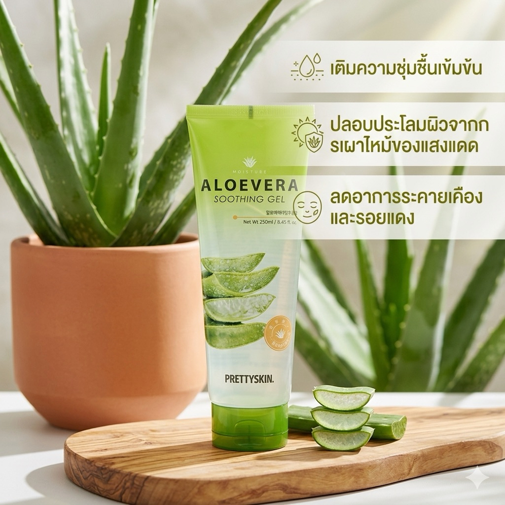 เจลว่านหางจระเข้ PRETTYSKIN เติมความชุ่มชื้นขั้นสุด ปลอบประโลมผิวแสบร้อนจากแดด เนื้อเจลบางเบา ซึมไว ไม่เหนียวเหนอะหนะ