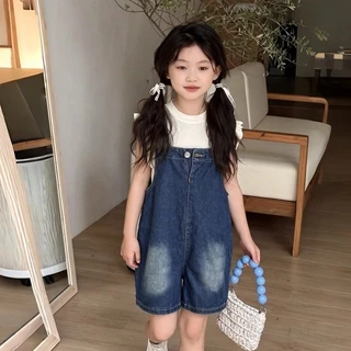 ชุดเอี๋ยมขาสั้นยีนส์สำหรับเด็กสไตล์เกาหลี ดีไซน์ทันสมัย ​​ใส่ได้หลายโอกาสและน่ารัก สายปรับได้ กางเกงขาสั้นเด็กผู้หญิง