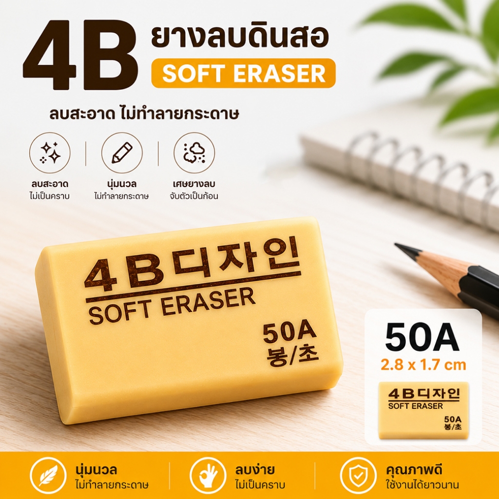 🔥ราคาส่ง🔥ยางลบ 4B ขนาด 50A สีครีม ชิ้นละ 1 บาท ✔️ เครื่องเขียน ยางลบดินสอ ยางลบน่ารัก ยางลบทำข้อสอบ