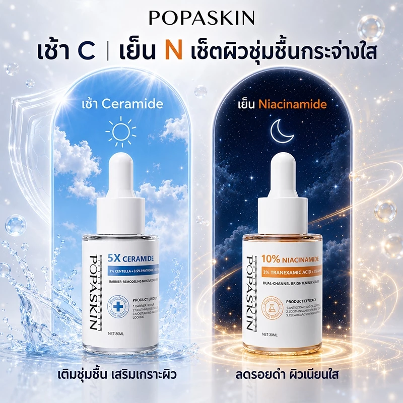 【เช้า C เย็น N】POPASKIN Niacinamide & Ceramide Serum Set เซ็ตเซรั่มบำรุงผิว ชุ่มชื้น กระจ่างใส ลดผิวหมองคล้ำ ผิวเรียบเนี