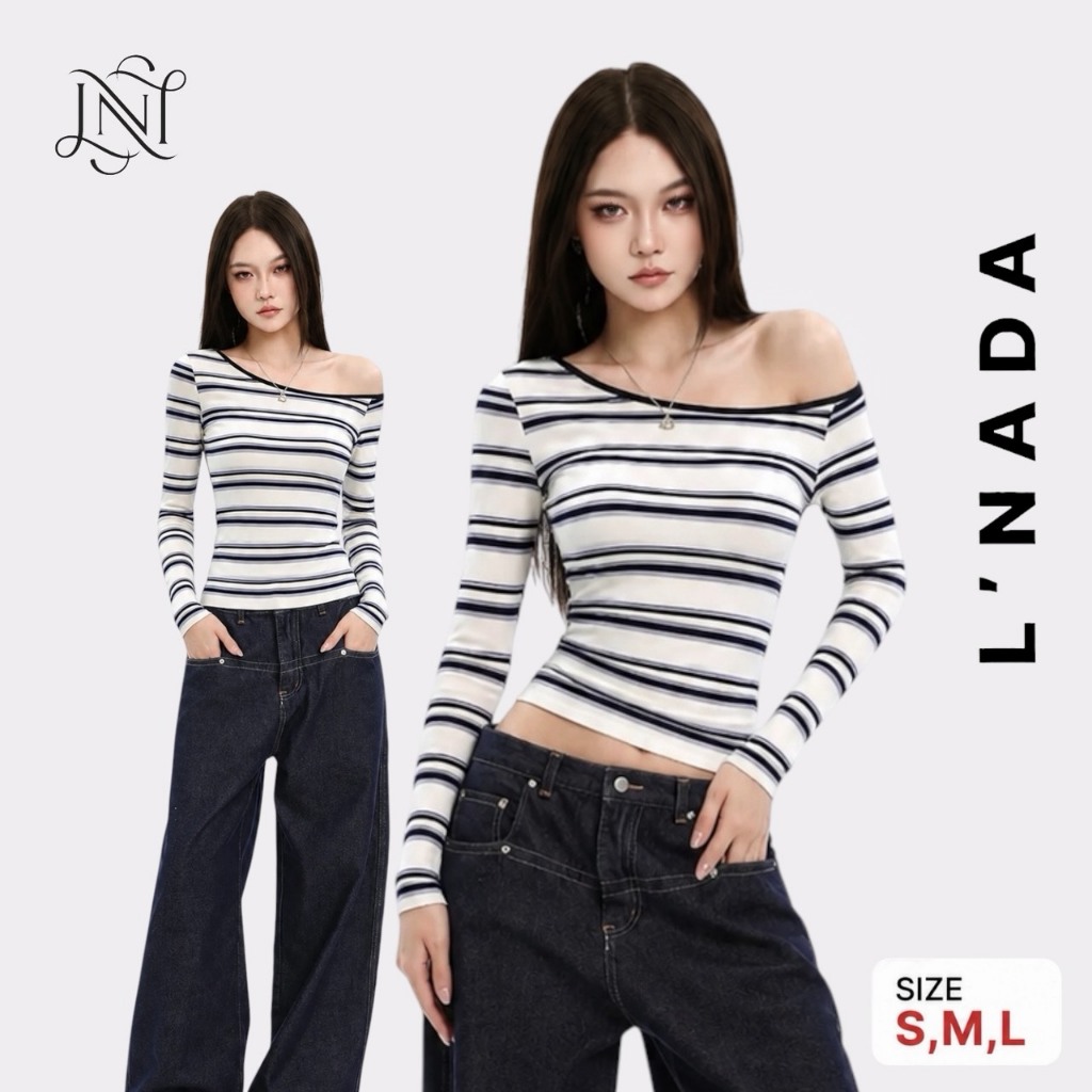 L'NADA【พร้อมส่ง】เสื้อแขนยาวปาดไหล่ลายทาง Korea Sweet Stipe Top (WYP-6950)