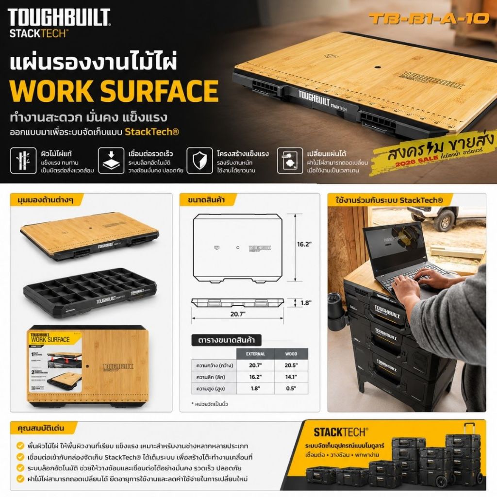 (พร้อมส่งในไทย) TOUGHBUILT รุ่น TB-B1-A-10 แผ่นไม้ท็อปสำหรับโต๊ะทำงาน STACKTECH™ Work Surface โต๊ะปฏิบัติงาน