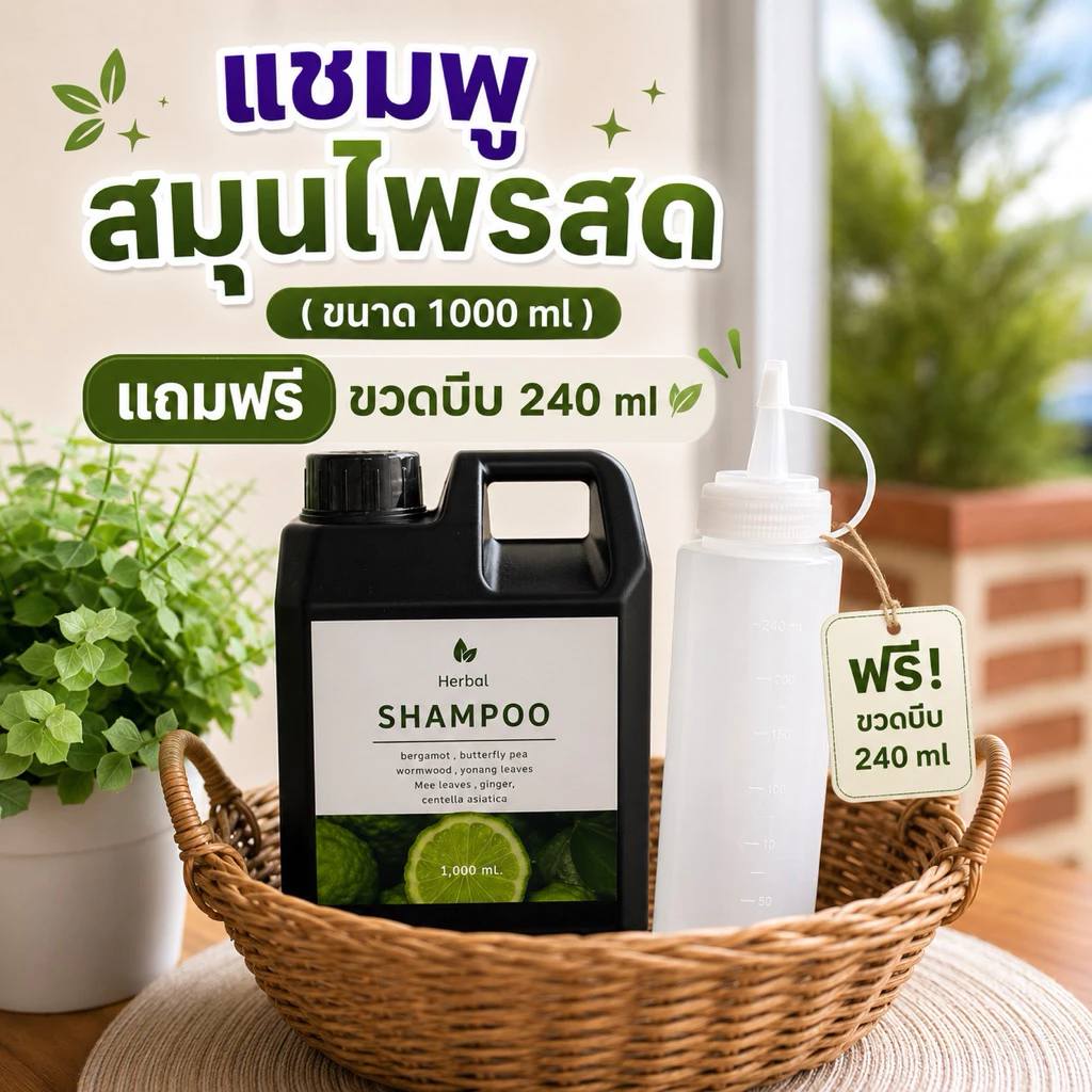 แชมพูสมุนไพรสด อัญชันสด สมุนไพรรวม 13ชนิด ขนาด 1,000 ml. แถมฟรีขวดบีบ