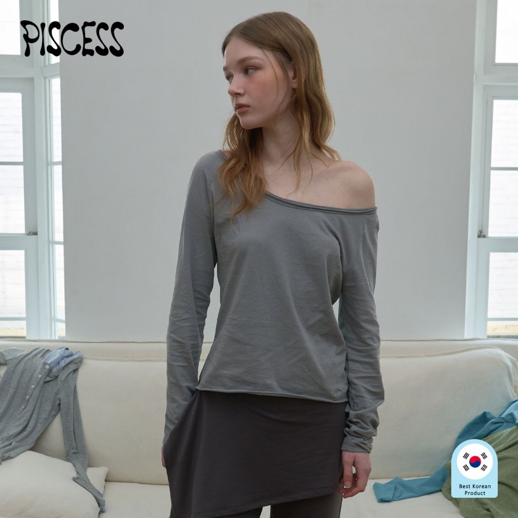 PISCESS [เกาหลี 100%] Raw Cut Long Sleeve T-Shirt เสื้อยืดแขนยาว ผู้หญิง คอตตอน 100% ระบายอากาศได้ดี ขอบดิบ
