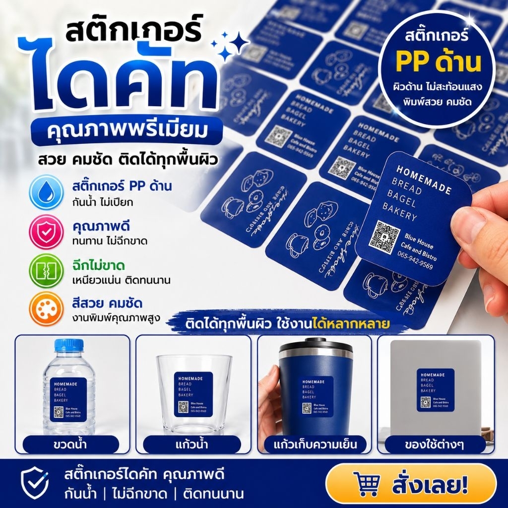 ฉลากสินค้า สติ๊กเกอร์ PP ด้าน กันน้ำ 100% พิมพ์ 5 สีพิเศษ CMYK+PINK สีสดพรีเมียม ไดคัท A3 งานโรงพิมพ์