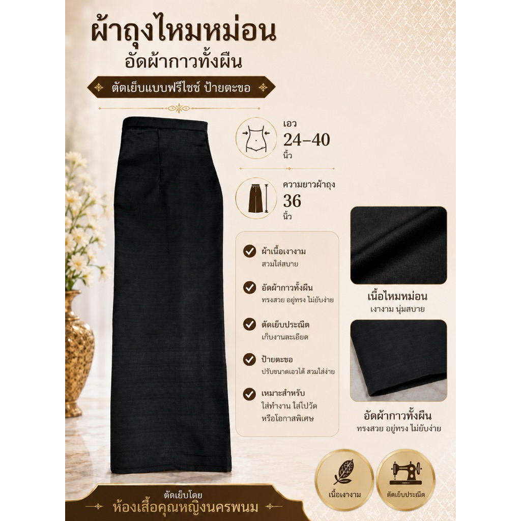 ผ้าถุงผ้าไหมหม่อมสีดำตัดฟรีไชร์ป้ายตะขออัดผ้ากาวทั้งผืนเอว24ถึง40
