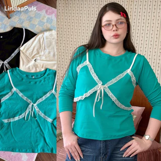 LindaaPlus--𝑳𝒊𝒍𝒚 𝑻𝒐𝒑 🩵🪞🪄 เสื้อแขนยาวสาวอวบอ้วน ดีเทลแต่งกั๊กที่อก เพิ่มลูกไม้มีเชือกผูกหน้า ผ้าเนื้อดี นิ่ม ยืด ใส่สบาย