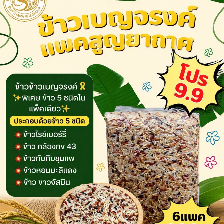 ข้าว5ชนิด ข้าวเบญจรงค์ ตราทรัพย์ธนา ข้าวใหม่ นุ่ม แพคสุญญากาศ6กิโลกรัม