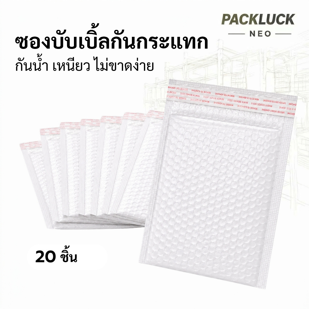 Pack Luck Neo ซองกันกระแทก ซองบับเบิ้ล ซองพัสดุกันกระแทก กันน้ำ ไม่ขาดง่าย แพ็คของ ส่งของออนไลน์ กันกระแทก 20 ใบ