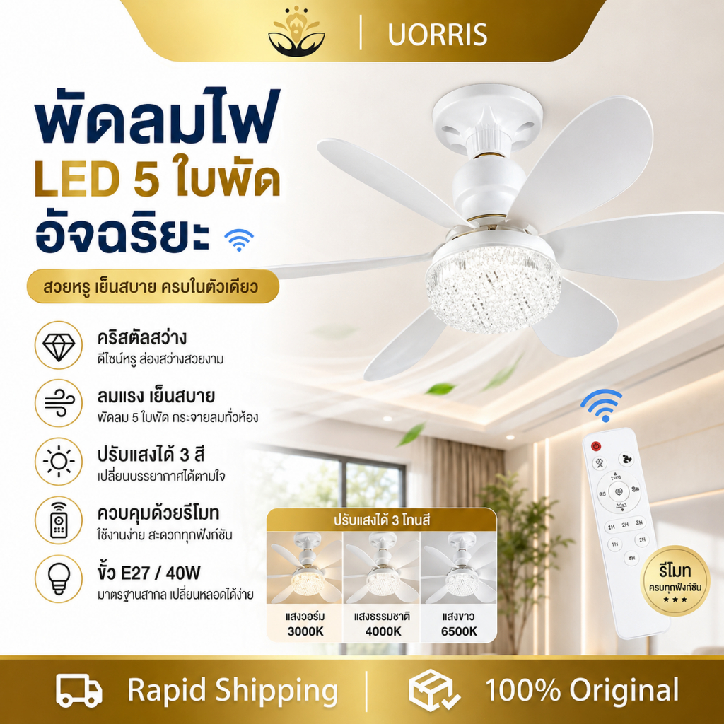 UORRIS โคมไฟพัดลม 2IN1 E27/40W พร้อมฐานแปลงไฟ พัดลมติดเพดาน โคมไฟเพดาน แสงอ่อนโยน ระบายอากาศดี ประหยัดไฟ