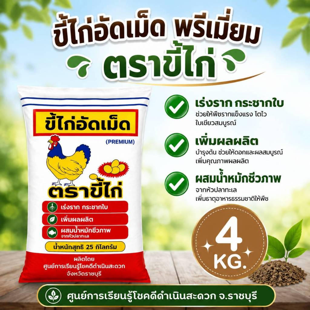 ขี้ไก่อัดเม็ด ตราขี้ไก่ ผลิตจากขี้ไก่สดแท้ 100% ขนาดถุงละ 4 กิโลกรัม