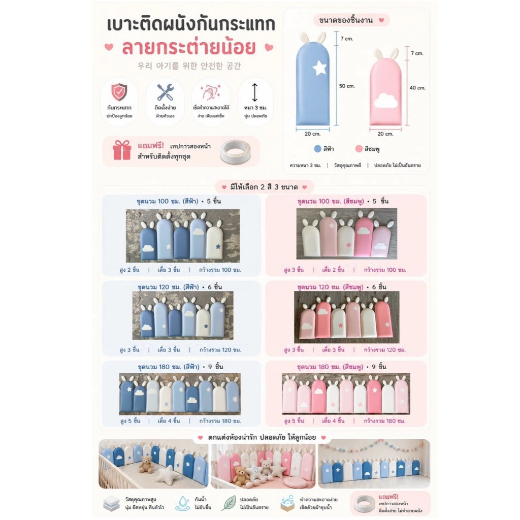 โฟมหุ้มหนังเทียม ติดผนัง กันกระแทกรุ่นกระต่ายน้อย