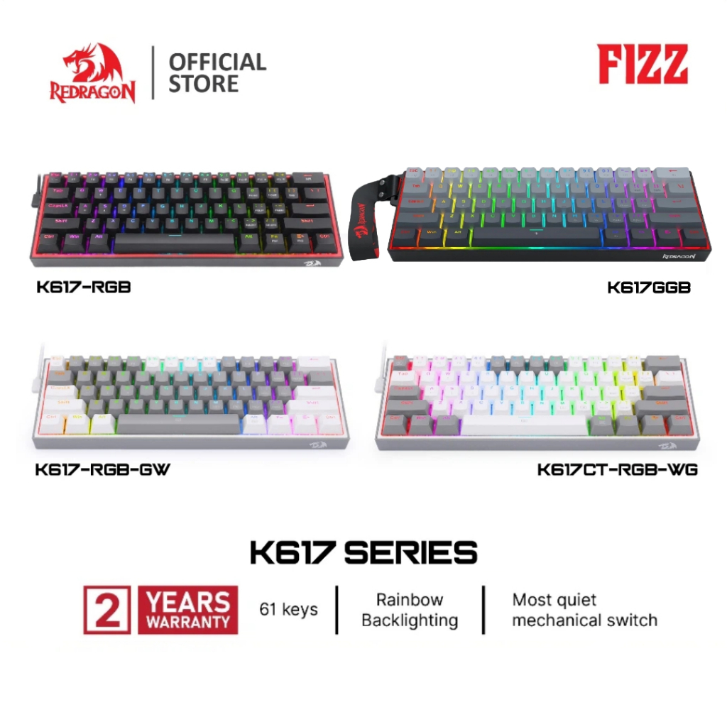 Redragon K617 Fizz 60% คีย์บอร์ดเกม RGB แบบมีสาย, 61 คีย์ Hot-Swap Compact Mechanical Keyboard Driver/Software รองรับ