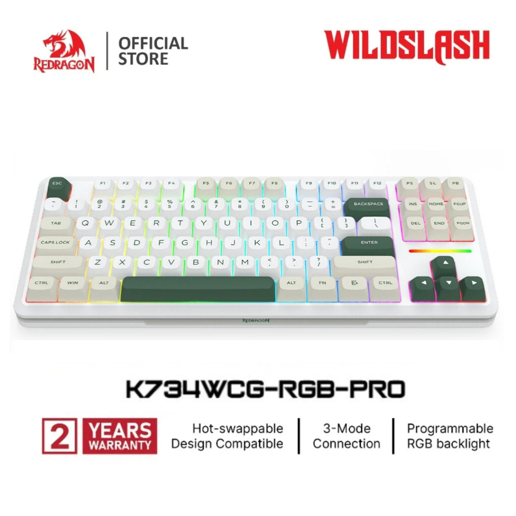 Redragon K734 แบบมีสาย + 2.4G + BT 87 คีย์ RGB PRO ปะเก็น Southfacting LED คีย์บอร์ดเครื่องกล