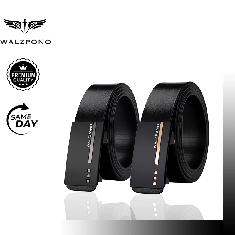 เข็มขัดผู้ชาย WALZPONO หัวล็อกอัตโนมัติ หนัง PU สีดำ ดีไซน์เรียบหรู มีให้เลือกแถบเงินและแถบทอง เหมาะเป็นของขวัญให้แฟน