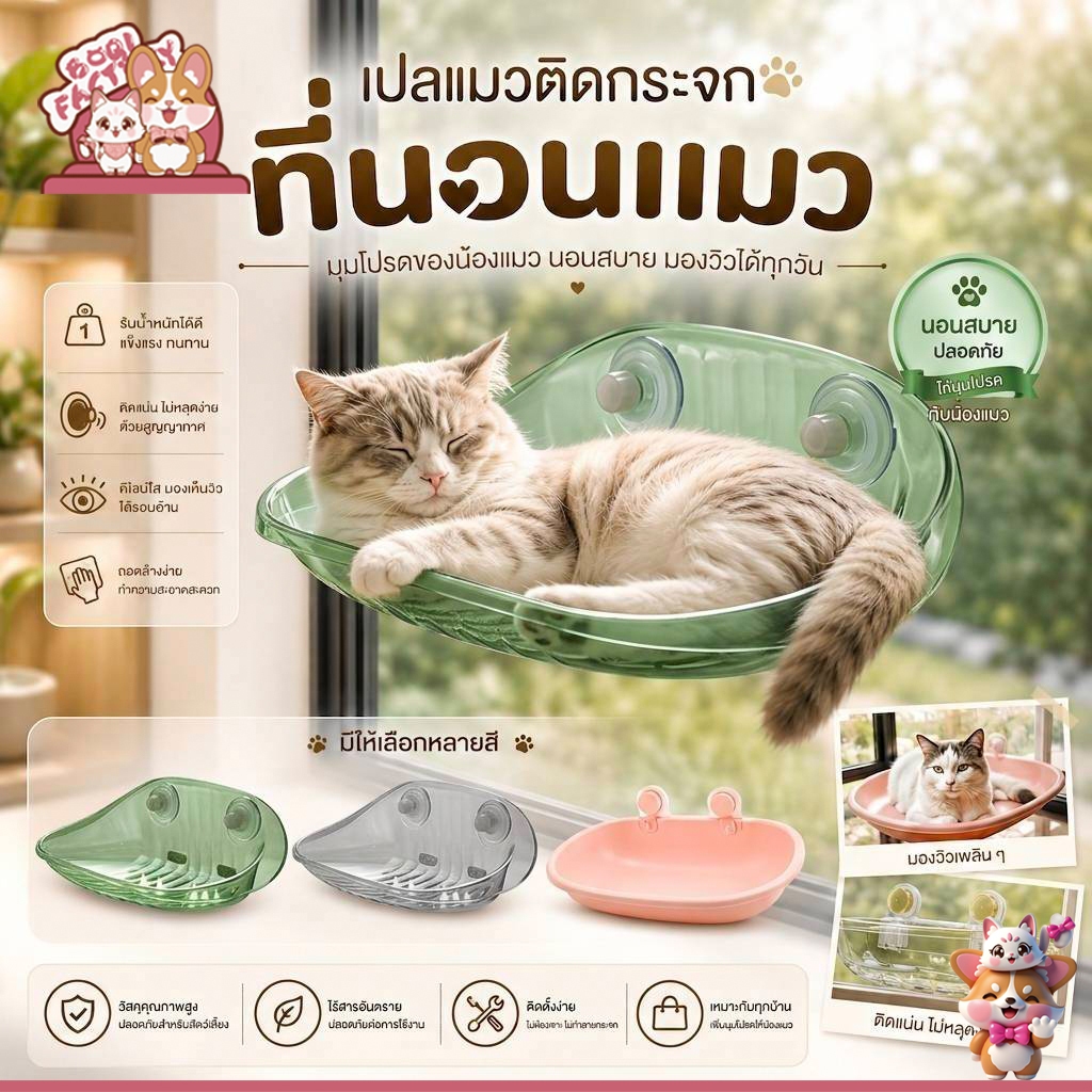 Boqi Factory เปลแมวติดกระจก สีใส  ที่นอนสัตว์เลี้ยง มีพร้อมส่ง Cloudsbed