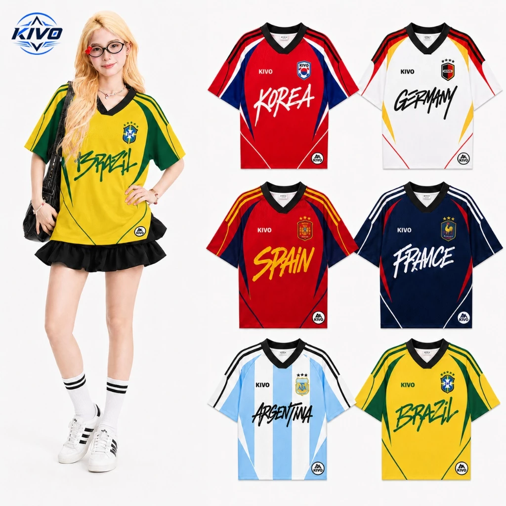 พร้อมส่ง!! เสื้อฟุตบอลแฟชั่นผู้หญิง เสื้อกีฬา KIVO SPORT ทรงหลวม คอวี ผ้าเมช 150G แห้งไว ใส่สบาย 2xs-6xl