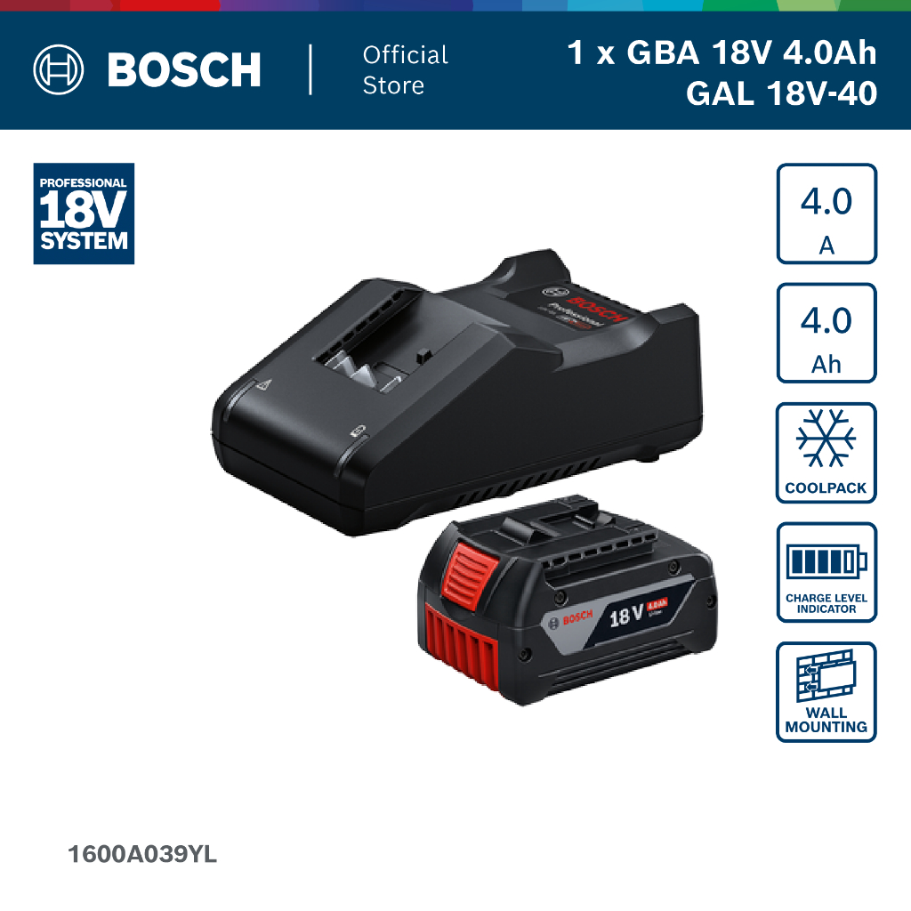 BOSCH Starter Kit 18V (1600A039YL) ชุดแบตเตอรี่ 4.0Ah + แท่นชาร์จเร็ว GAL 18V-40