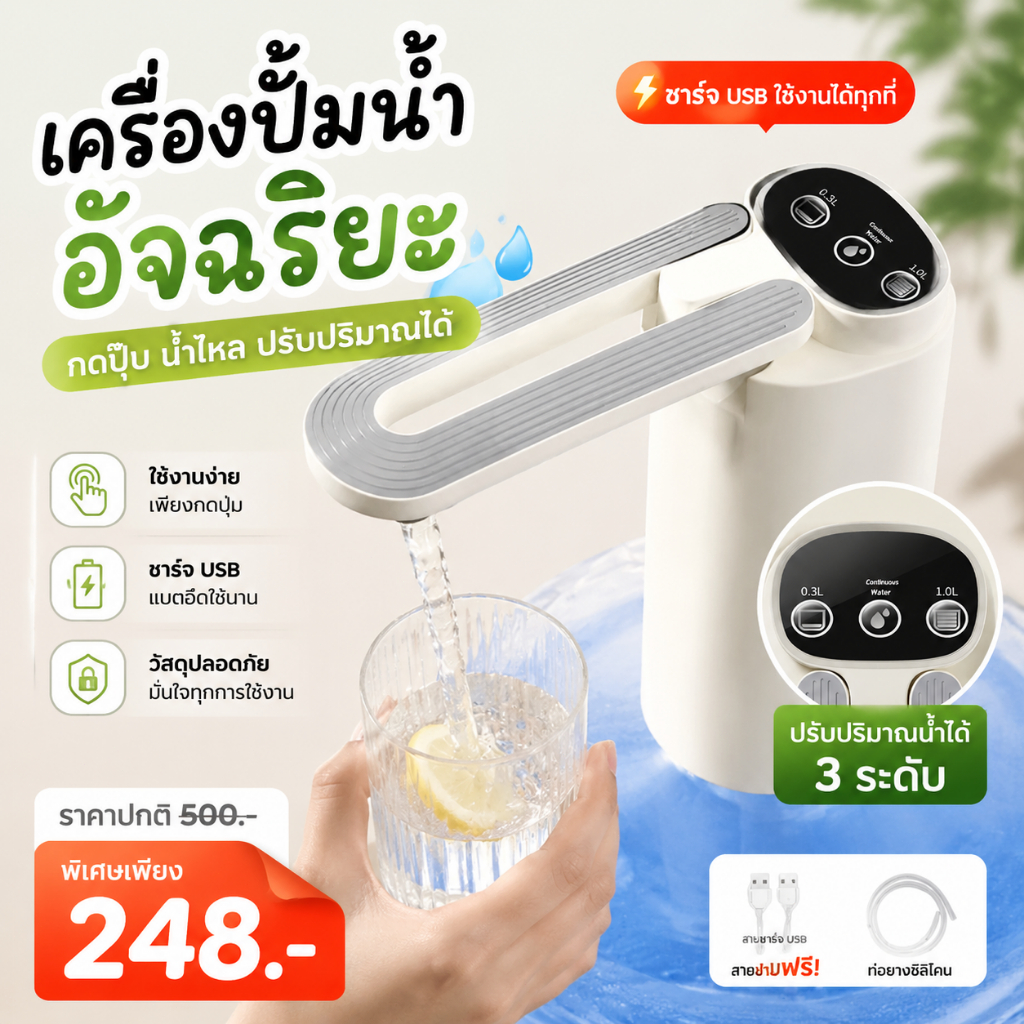 ปั๊มน้ำดื่มอัตโนมัติ USBชาร์จ พับเก็บได้ สมาร์ทอัตโนมัติคุณภาพดี ไม่รั่วปลอดภัยสุขภาพดี สำหรับถังน้ำทุกขนาด พร้อมส่ง
