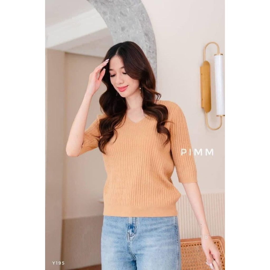 [ป้าย PIMM] เสื้อไหมพรมคอวี แขน 2 ส่วน ทอลายเปีย