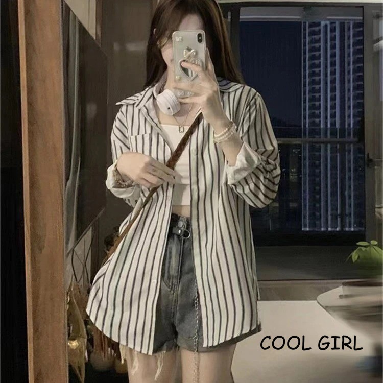 🖤girl🖤เสื้อเชิ้ตลายทางแขนยาวคอปกผู้หญิง oversize เสื้อคลุมกันแดดแฟชั่นเกาหลีย้อนยุค ผ้าไม่ติดตัว ใส่สบาย