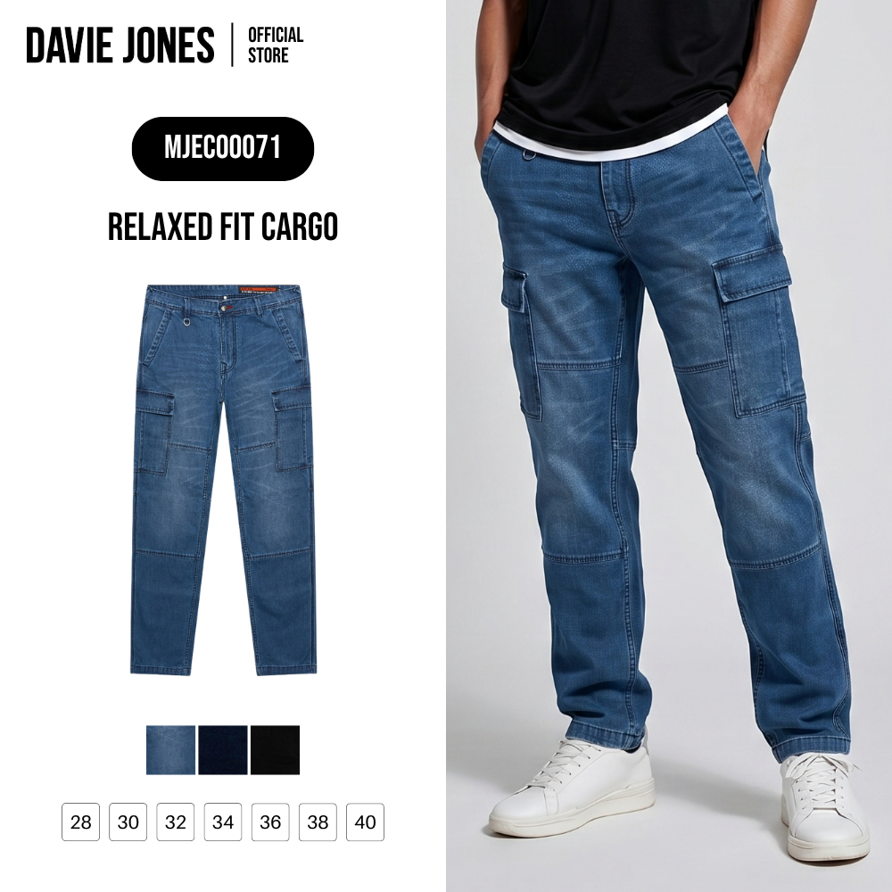 DAVIE JONES [BE FEARLESS] กางเกงคาร์โก้ผู้ชาย Relax Fit Cargo Pants สีดำ น้ำเงิน กรม CO0071