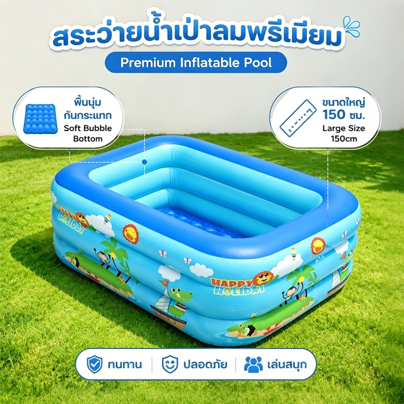 สระน้ำเป่าลม 3ชั้น 1.5เมตร PVC คุณภาพดี ลายการ์ตูนน่ารัก พับเก็บได้ ใช้ในบ้าน-นอกบ้าน ส่งไว