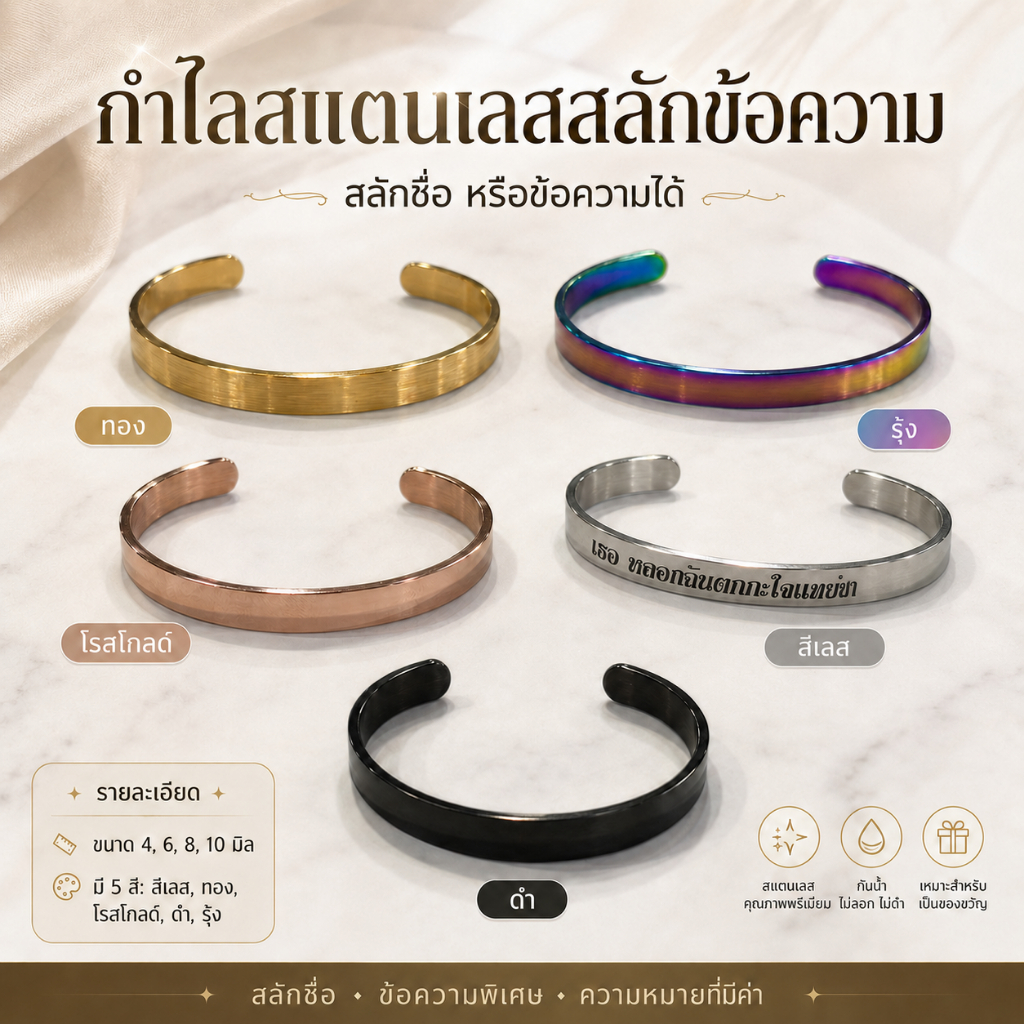 กำไลสแตนเลสตัว C สลักข้อความได้ ปรับขนาดได้ ไม่ลอกไม่ดำไม่เป็นสนิม