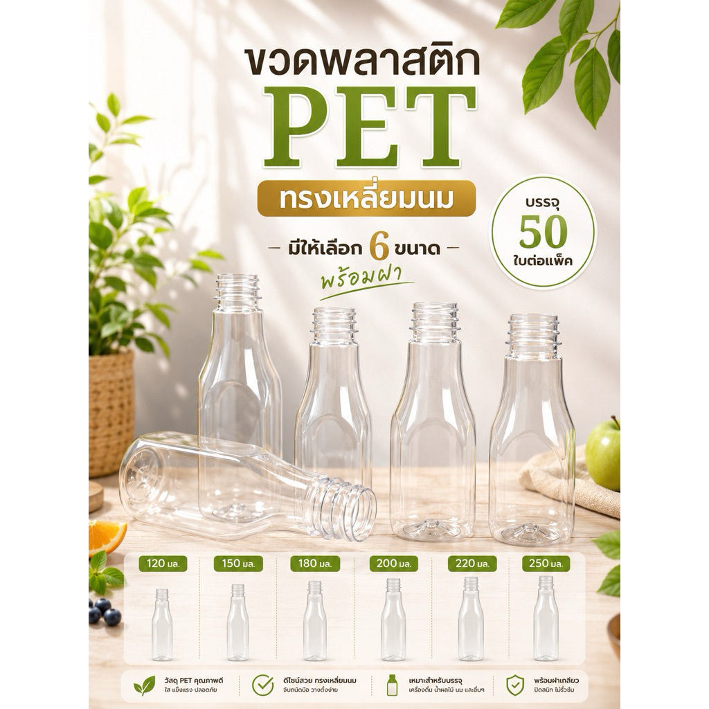 (50 ขวด) ขวดพลาสติก PET ทรงเหลี่ยมนม