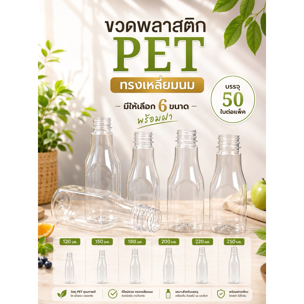 (50 ขวด) ขวดพลาสติก PET ทรงเหลี่ยมนม