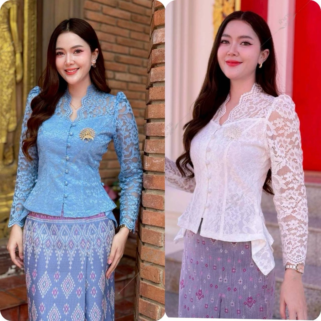 เสื้อลูกไม้อิตาลี คอระบายเอวจีบหางหงส์ ใส่ออกงานได้ทุกโอกาส