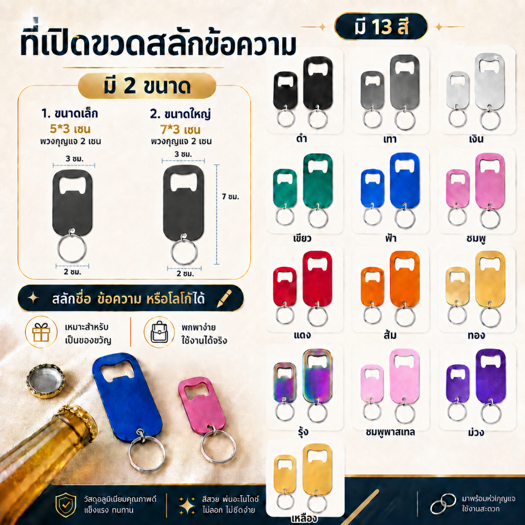 มีราคาส่งที่เปิดขวด งานเลเซอร์ สลักข้อความได้ สลักให้ 2 ด้าน มี 13 สี 2 ขนาด
