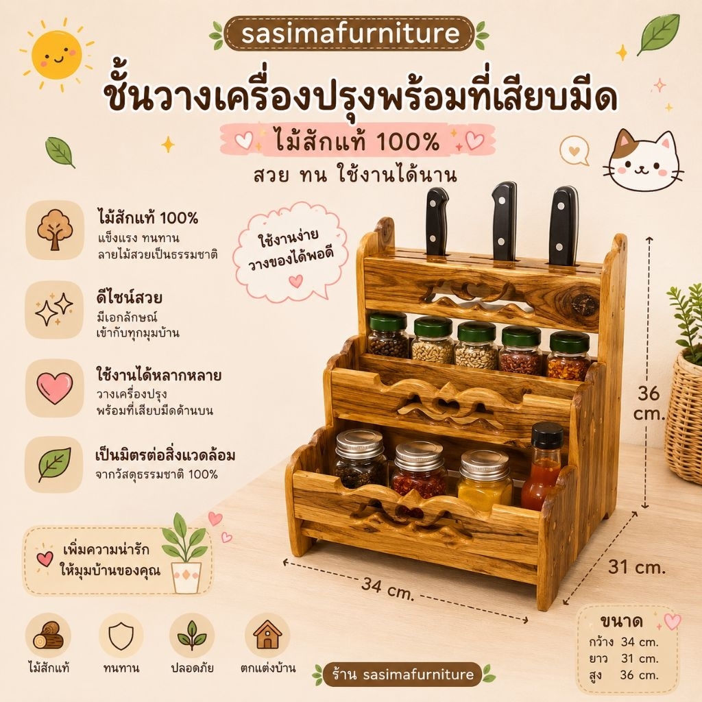 3ชั้นวางเครื่องปรุงพร้อมที่เสียบมีดไม้สักแท้(ลายฉลุ)