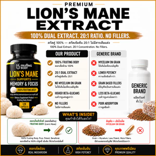 Lion's Mane Mushroom เห็ดหัวลิง Dual Extract 1000mg เบต้ากลูแคน 32% ดอกเห็ดแท้ 100% 60/120 แคปซูล (30/60 วัน)