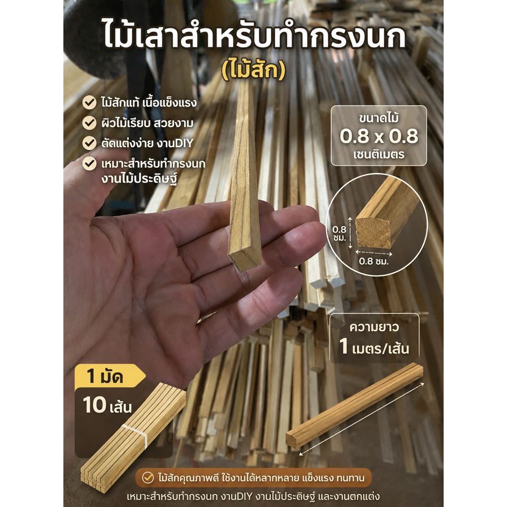 ไม้เสาสำหรับทำกรงนก0.8*0.8cm(ไม้สัก)1มัดได้10เส้น ขนาด 0.8*0.8cmยาว1เมตร