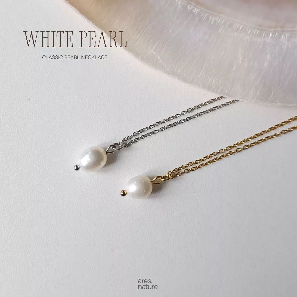 ares.nature - สร้อยไข่มุกแท้ classic pearl สร้อยพร้อมจี้ไข่มุกแท้ (stainless steel)