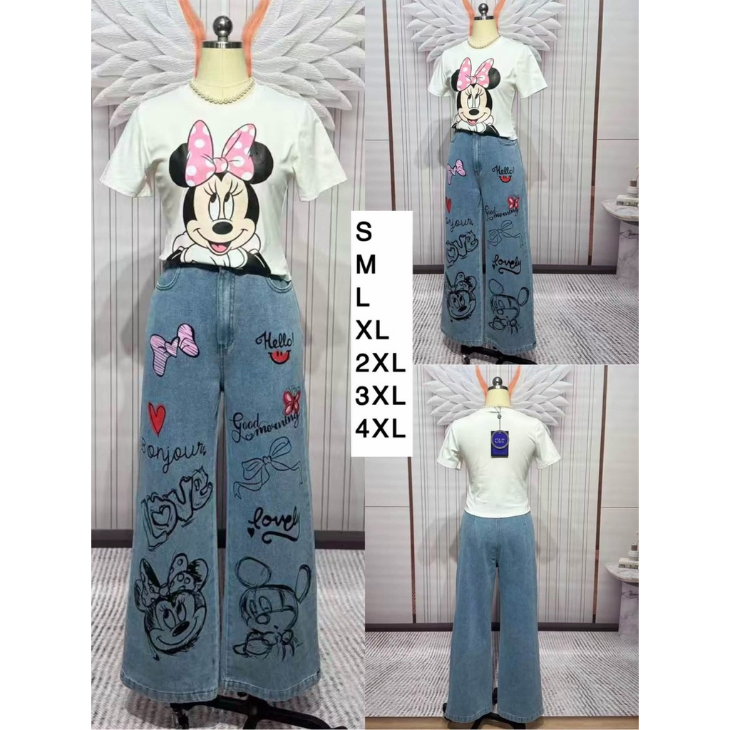 (s,m,2xl,4xl เอวเล็ก 1 นิ้ว ต้องจับตึง) ชุดยีนส์ ชุดเซตกางเกงขายาว ลายมินนี่ งานป้าย chalita