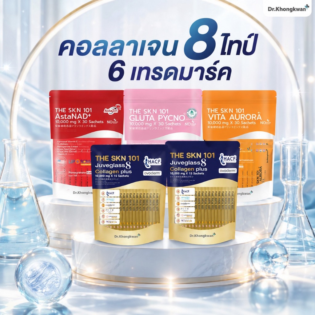 (โปร 5 ห่อ) ใหม่ Juveglass+Gluta+AstaNAD+Vita Aurora Collagen วิตามินผิว บำรุงผิว Dr.Khongkwam คอลลาเจนหมอของขวัญ