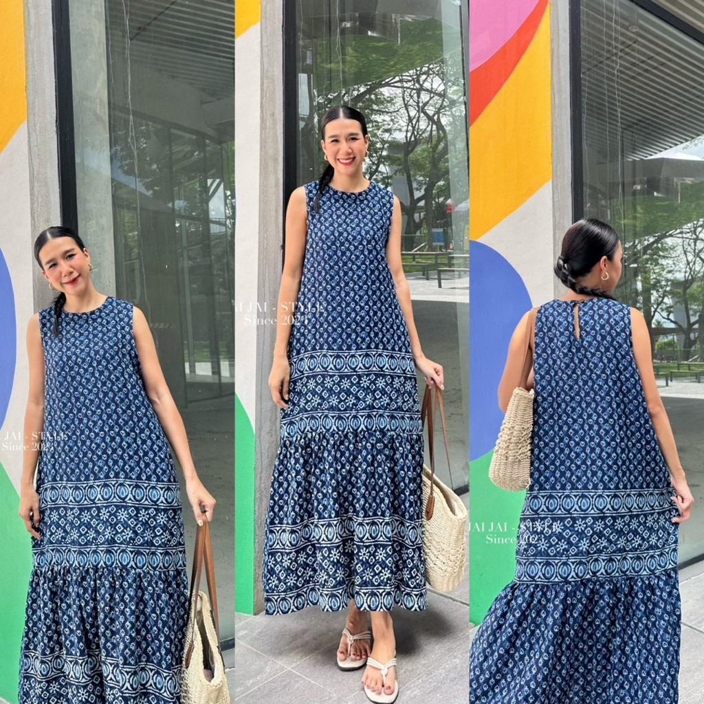 JAI JAI - STYLE เดรสยาวแขนกุด ทรงหางปลา ผ้าฝ้ายสาลู 2 ชั้นกัดลาย