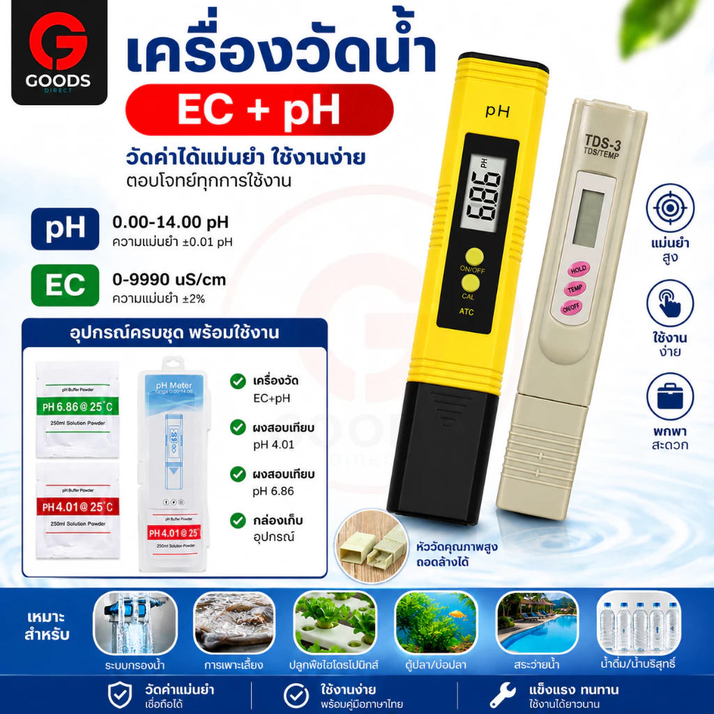 เครื่องวัดน้ำ EC+pH วัดความเค็ม/กรด-ด่าง/ปุ๋ยเกษตร สำหรับสระ/นาข้าว