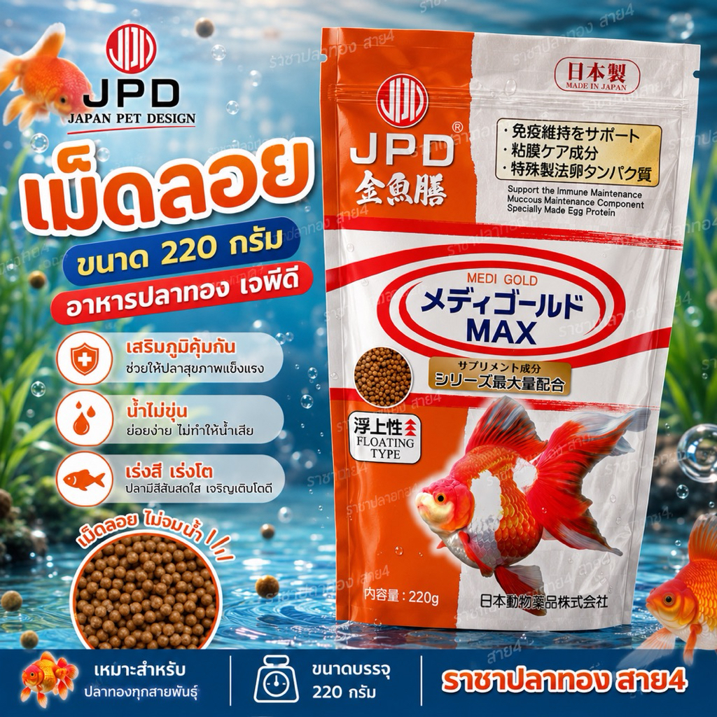 อาหารปลาทองเม็ดลอย JPD เจพีดี ขนาด 220 กรัม